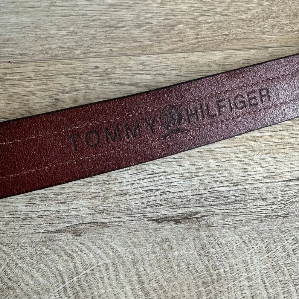 Tommy Hilfiger Vintage Spellout Logo Flags Brown Leather Branded Belt 34